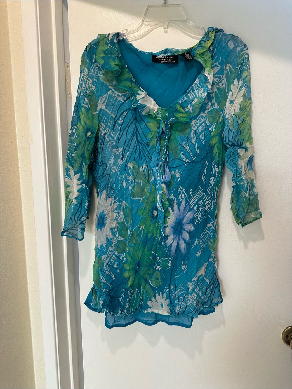 New York City Design Co. Teal Floral Silk Ruffle V-Neck Blouse 3/4 Sleeves 2X